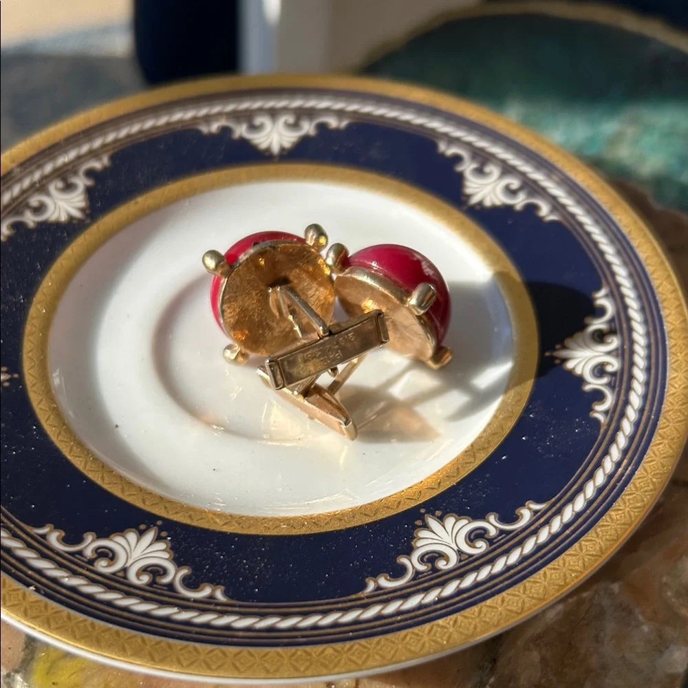 Vintage Art Deco Fuchsia Moon-glow Gold-Tone Cufflinks